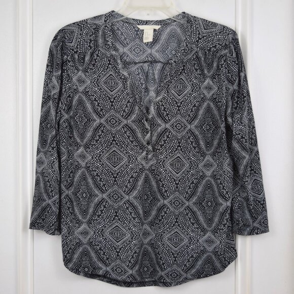H&M Blouse Women Medium Abstract Geometric All Over Print Black White Casual - Picture 1 of 13